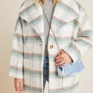 ANTHROPOLOGIE Elsa-Size M-Off White Blue Brown Plaid Fuzzy Oversized Coat Jacket
